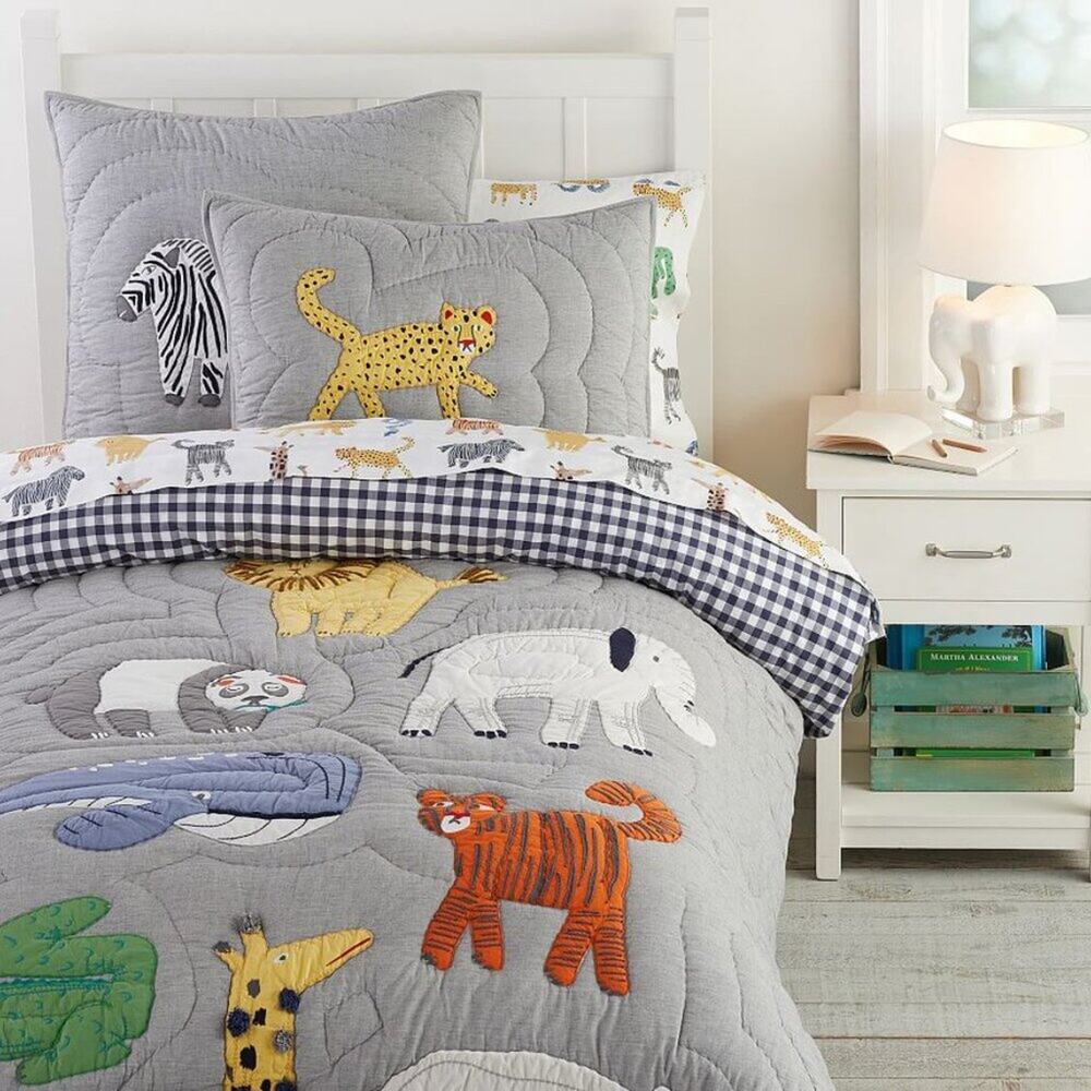 Pottery Barn Kids Silly Safari Quilt Animals Zoo Gray Full Queen Bedding Bed